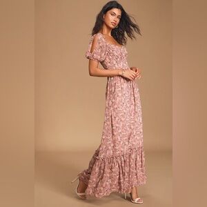 Lulus Feeling Fond Mauve Floral Print Puff Sleeve Maxi Dress Pink | XS